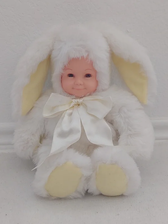 ANNE GEDDES Plush White Bunny Baby Doll with Satin Bow NWOT
