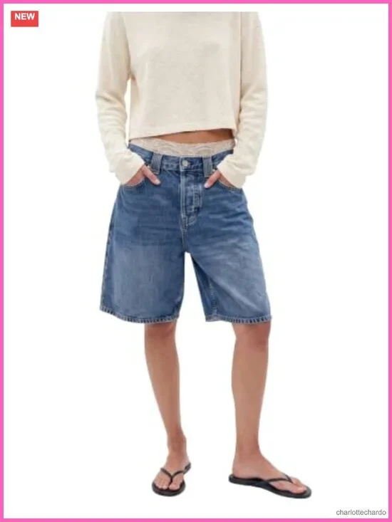 Barrel Jean Shorts Baggy Mid-Low Rise Knee Length Stretchy Cotton Denim
