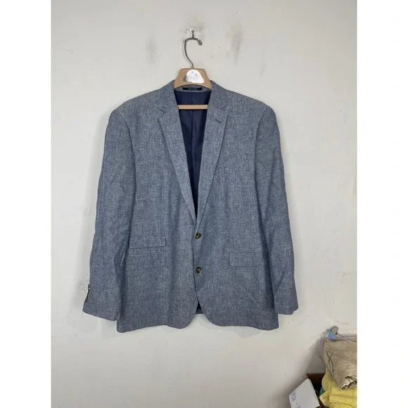 Bar III Mens Slim Fit Blazer Sport Coat Blue Linen Cotton‎ Blend 46R