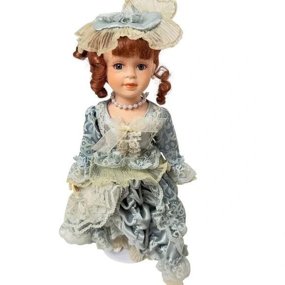 Victorian Porcelain Doll 12 Inch Blue Victorian Lace Gown Auburn Ringlets Hat