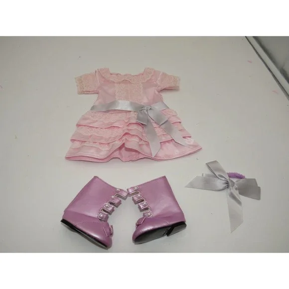 American Girl Samantha Frilly Frock Pink Satin Lace Dress Boots Hair Bow Set