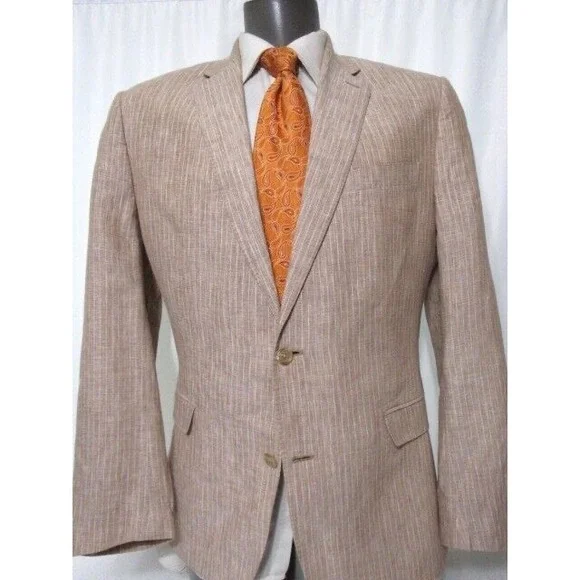 Lauren Ralph Lauren Slim‎ Beige Stripe Sz 44R 100% Linen Sport Coat Blazer