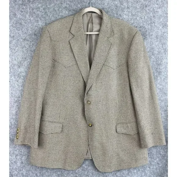 Luskeys Ryons Silk Western Blazer Sport Coat Mens 48L Beige Houndstooth‎ Cowboy