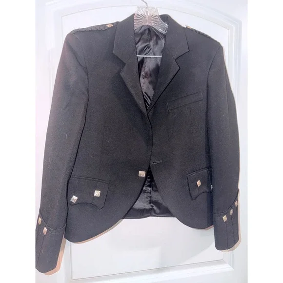Mens Black 36S Wool Argyll Kilt Jacket Scottish Rite Formal Highland Blazer