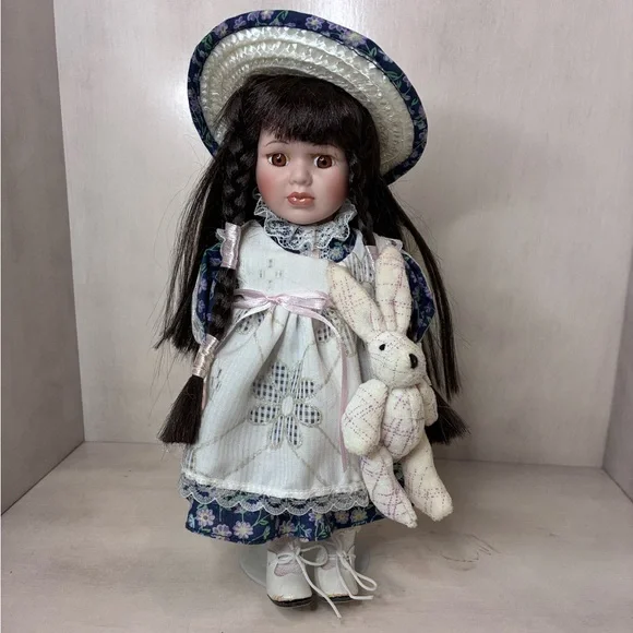 Porcelain Doll with Pink Plush Bunny - White & Navy Dress