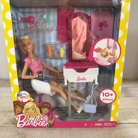 Barbie A Day at the Salon Doll Playset FJB36 New Sealed Mattel 10+ Pieces