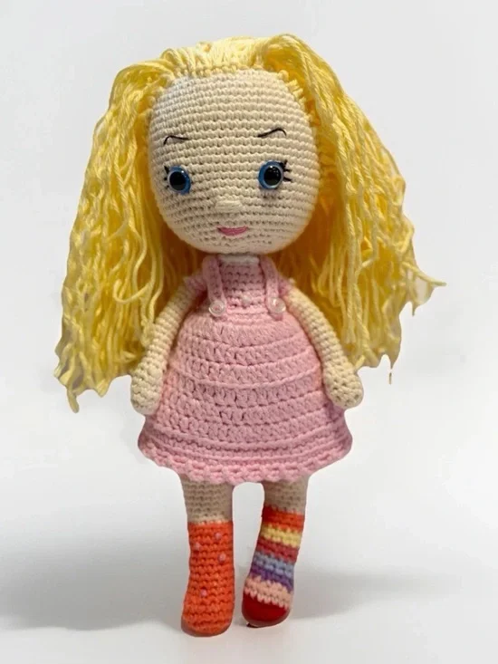 Handmade Crochet Amigurumi Doll Blonde Hair‎ Pink Dress Plush Stuffed Toy.