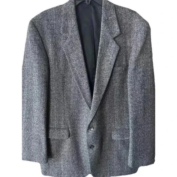 Men's Wool Sport Coat 44L Gray Herringbone 2 Button Gallery Haggar Office