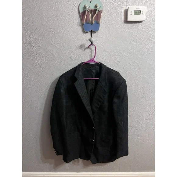 Hickey Freeman Mens Wool Sport Coat 46L Charcoal‎ Gray Plaid Blazer