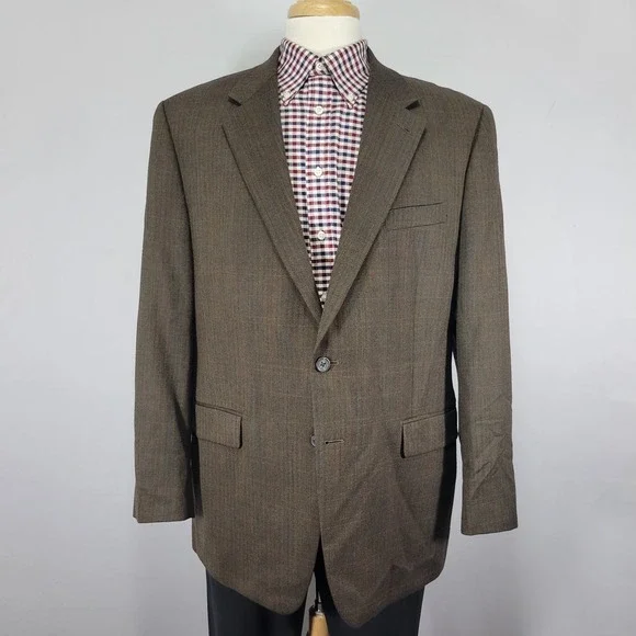 Izod Men's Sport‎ Coat Blazer Two Button Brown Herringbone Plaid Wool Size 44R