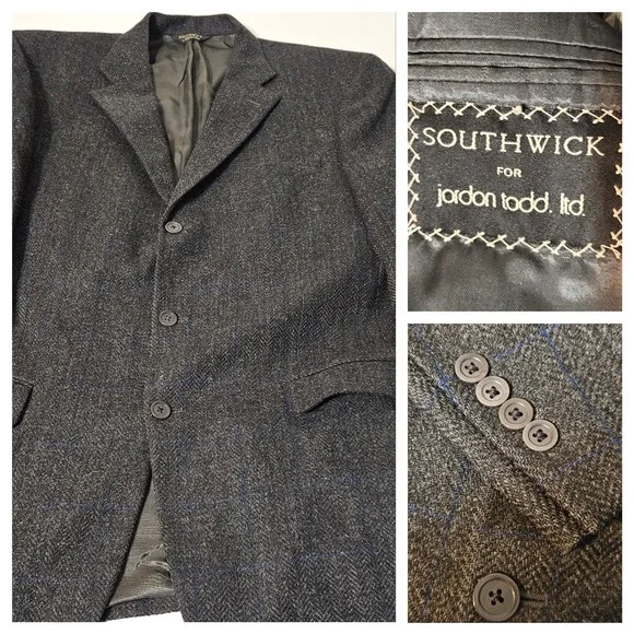 VTG Southwick 46 Wool Brown Blue Pinstripe Tweed Suit Blazer Sport Coat USA‎