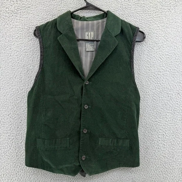 Vintage Gap Corduroy Vest Men Small Green Notched Lapel Button Up 90s Y2K