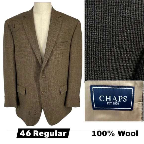 Chaps Est‎ 1978 Mens 46R Brown 100% Wool Micro Check 2 Button Blazer Sport Coat