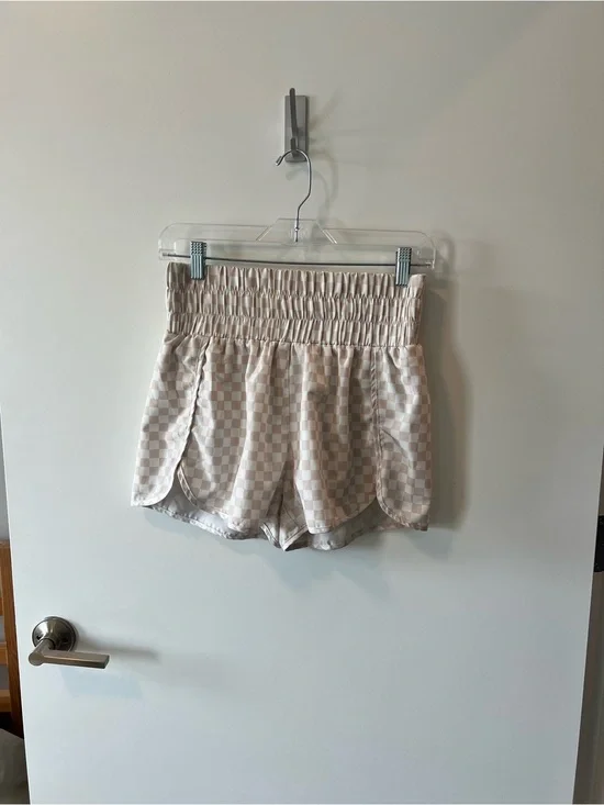 Pink Lily Cream Checkered Satin Athletic Shorts