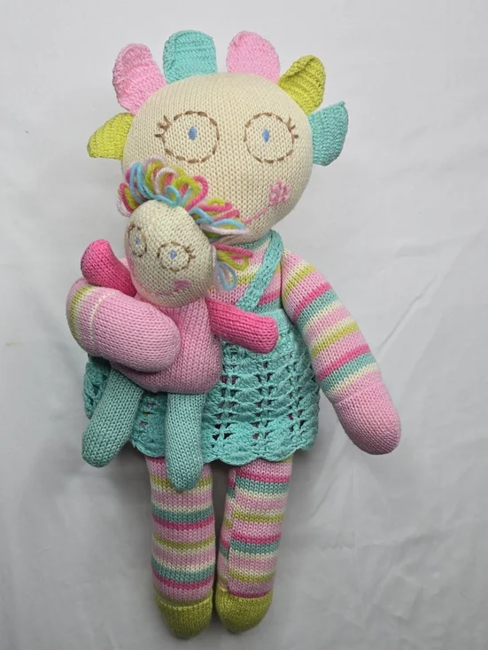 Maison Chic Knit Stuffed Doll W/Baby Crochet Sweater Striped Bright Colors 17