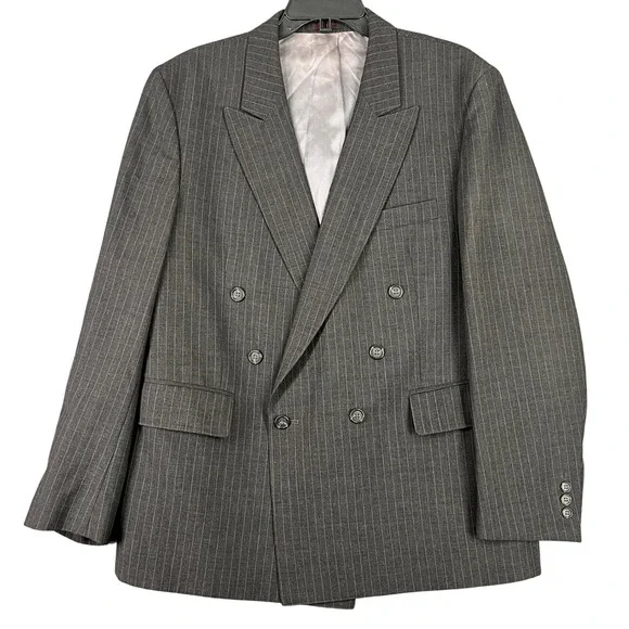 Vintage Alexander Shields Blazer Mens 44R Pinstripe Wool Double Breasted Formal