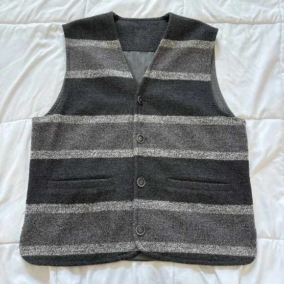 Vintage Mens Wool Blend Button‎ Up Vest Black Gray Striped 90s Y2K Grunge Skater