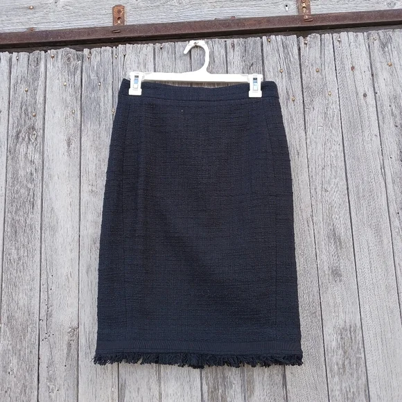 J. Crew‎ Womens Sz 0 Black Tweed Pencil Skirt Fringe Hem Textured  Knee Length