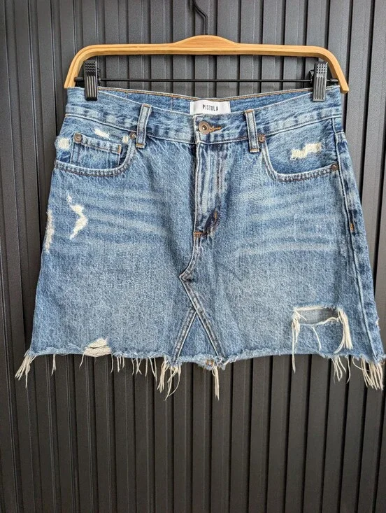 PISTOLA Distressed Denim Mini Skirt With Frayed Hem | Size 25