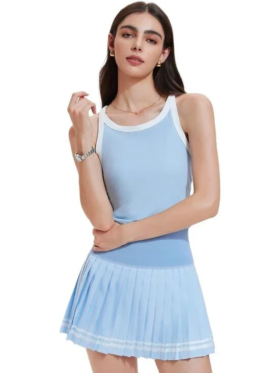 Women's Sky Blue 2 Piece Racer Back Tennis Skirt Tank Top Pull On Golf Dress