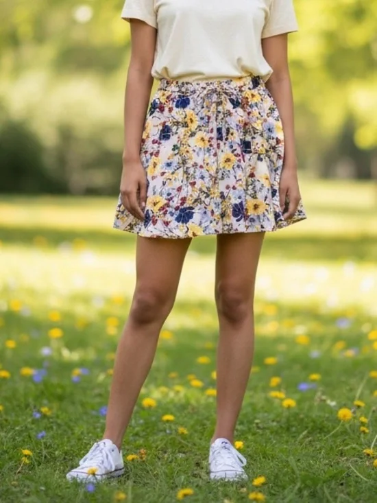 Banana Republic Floral Smocked Mini Skirt - Pockets Cream, Blue & Yellow