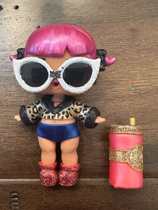 EUC L.O.L. Surprise! Doll with Pink Hair, White Glitter Sunglasses, Blue Shorts