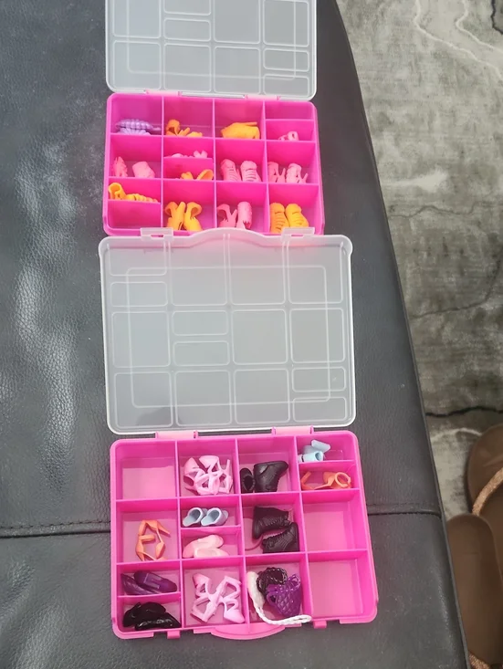 26 Pc Barbie Shoe Accessory Lot. Plus  Pink Plastic Organizer Box's.