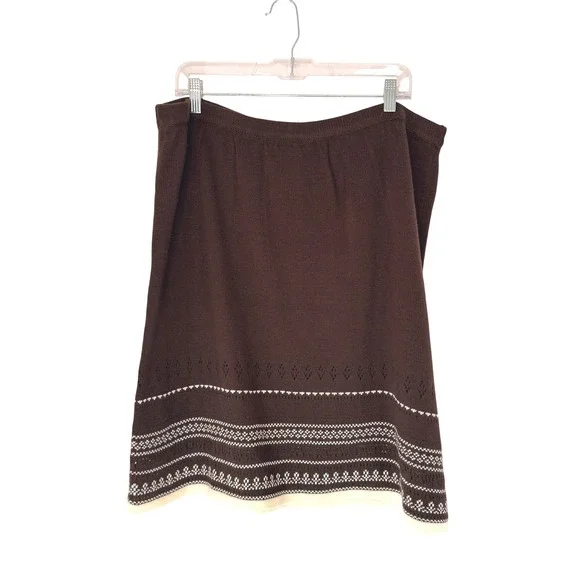 Women's Knit Sweater Skirt Brown White Plus Nordic Stretchy‎ Pull On Cozy 1X