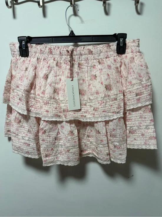 LoveShackFancy Pale Pink Floral Tiered Lace Mini Skirt