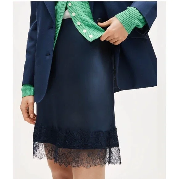 J.Crew Gwen Lace Trim Skirt In Luster Charmeuse Naby Blue CM729 $118 Size S NWT