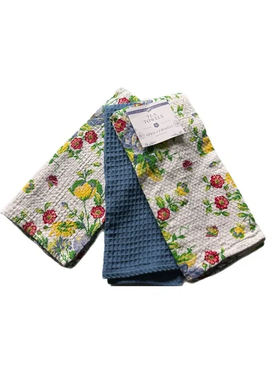 April Cornell Set of 3 Floral Tea Towels Blue Hydrangea Garden Waffle Cotton NWT