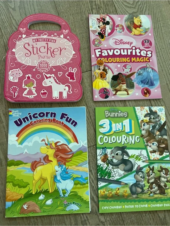 4 coloring books - 2 x Disney, 1 x Unicorns, 1 x Pink Purse.