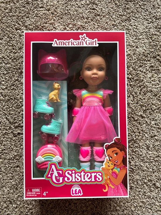 American Girl Lea Doll in Pink Rainbow Outfit with Teal Skates