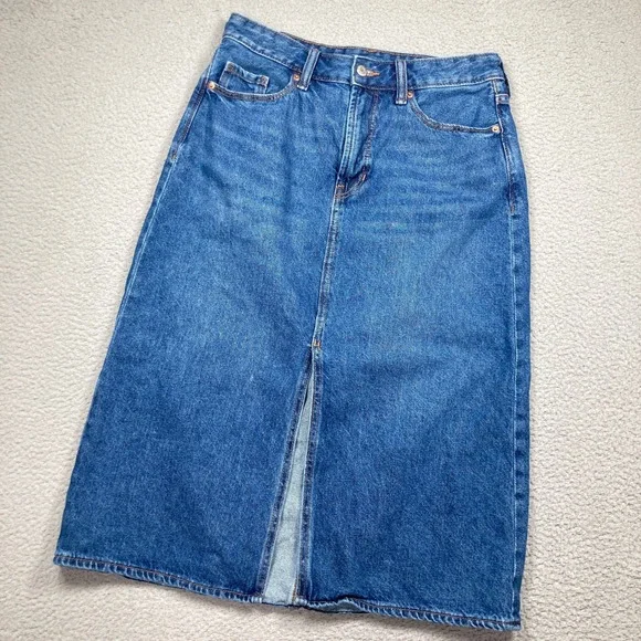 Old Navy Denim Midi Skirt Womens 10 Blue High Rise Secret Smooth Pockets Slit