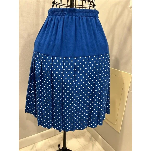 vintage 80s elastic waist pleated skirt midi Blue white polka dot Size 8