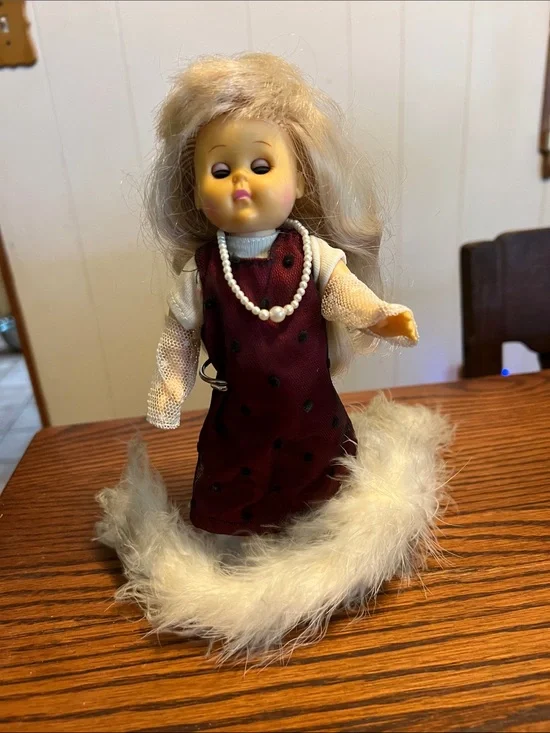 Classic Kids Fashion Doll in Burgundy Dress with Pearl Necklace