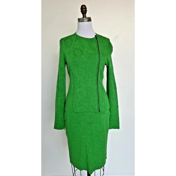 RET $2500 Paula Hian Green Skirt and Asymmetrical Jacket 2pc Set Size Small