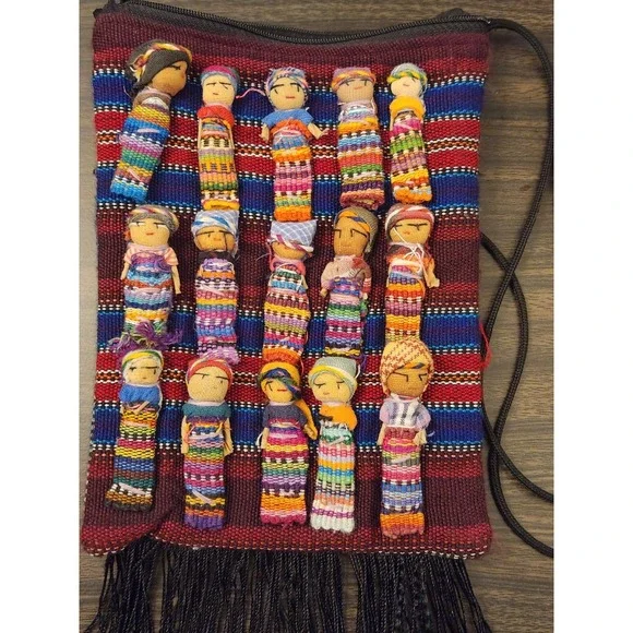 Guatemalan Worry Dolls Crossbody Bag Handmade 15 Dolls Multi-colored