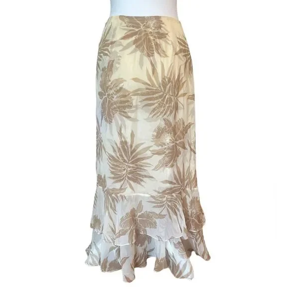 Dana Buchman Silk Maxi Skirt Tiered Layered Ruffled Tropical Print Size 2