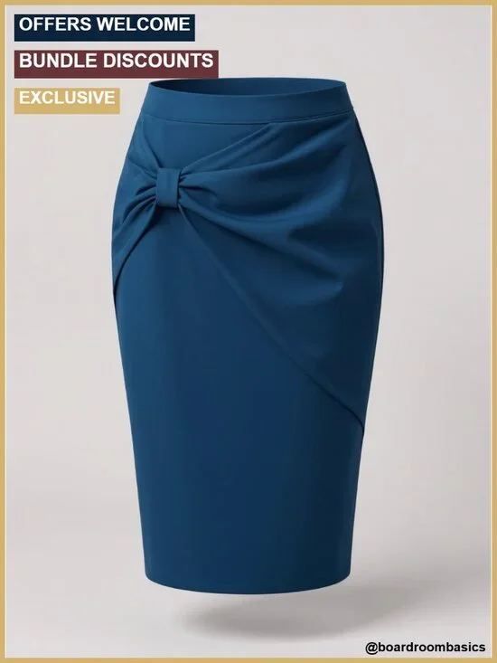 Business Pencil Skirt - High Waist Ruched Wrap with Slit Back