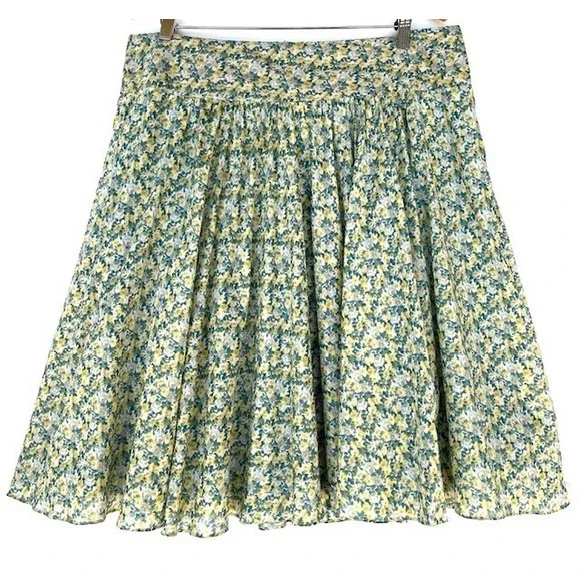 Talbots Skirt Womens 14 Yellow‎ Green Floral A-Line Cotton Knee Length Casual