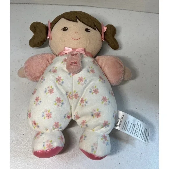 Baby Starters Olivia Rattle Doll Flower Floral Pink Plush Brown Hair Pigtails 9