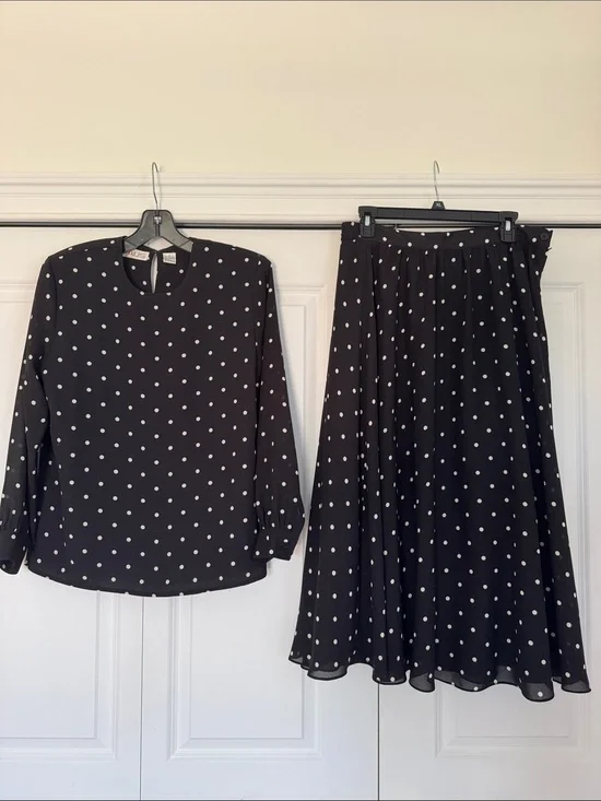 Chaus Black Midi Skirt and top with White Polka Dots