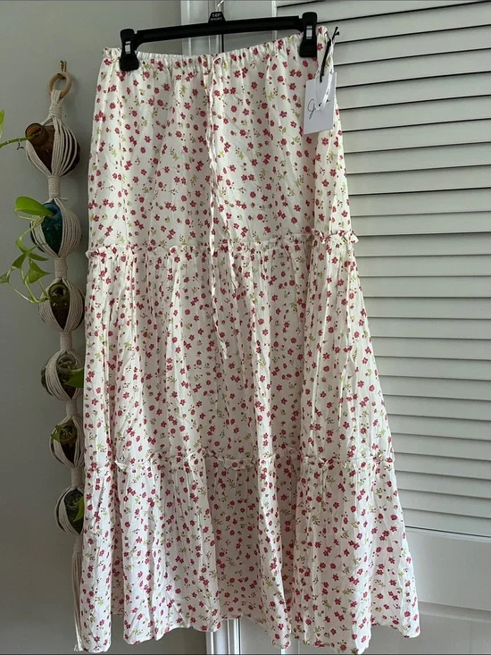 Japna Cream Maxi Skirt with Pink Floral Print