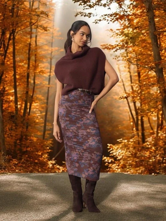 Anthropologie Floral Ruched Mesh Midi Pencil Skirt