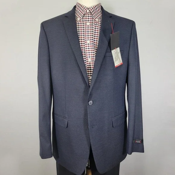 Van‎ Heusen Flex Men's Sport Coat Blazer Navy Houndstooth Poly Blend 46L NEW