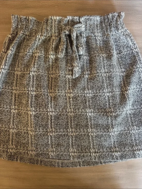 Topshop Paperbag Mini Skirt Gray Black Creme Textured Plaid Pull-On Skirt 10