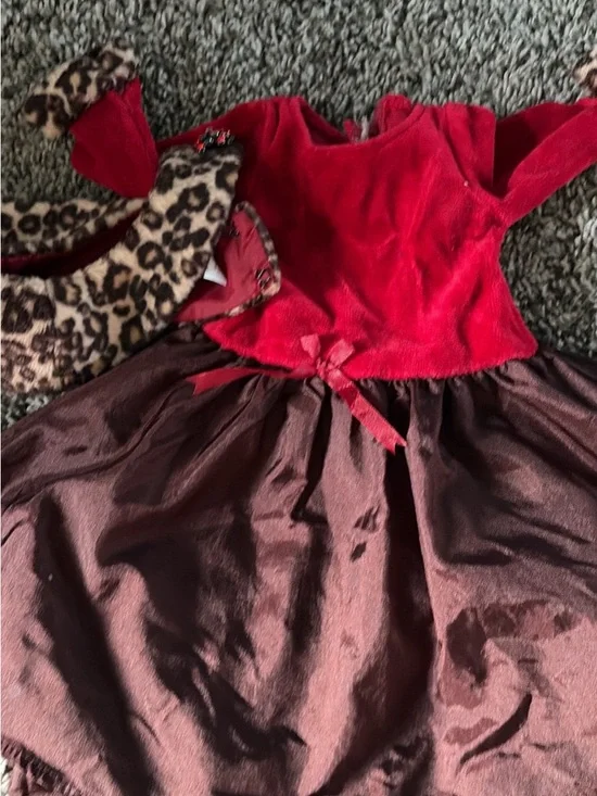 American Girl Red Velvet Top Brown Satin Skirt Leopard Print Coat Doll Outfit