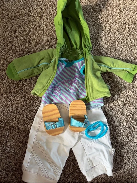 American Girl Kickin Back Outfit Green Hooded Jacket with Teal Striped Tank and