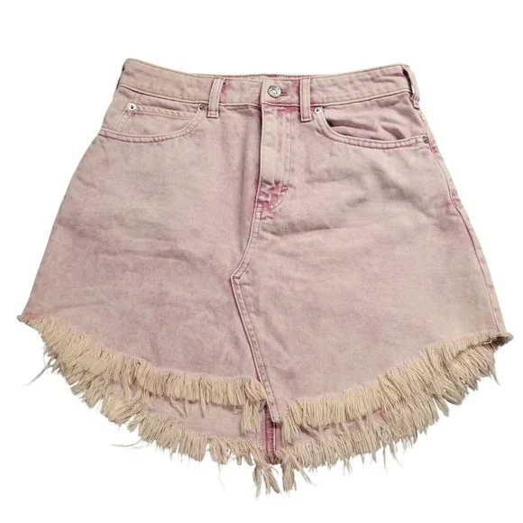 Free People We The Free Pink Acid Wash Fringe Tulip Hem Denim Mini Skirt Size 26